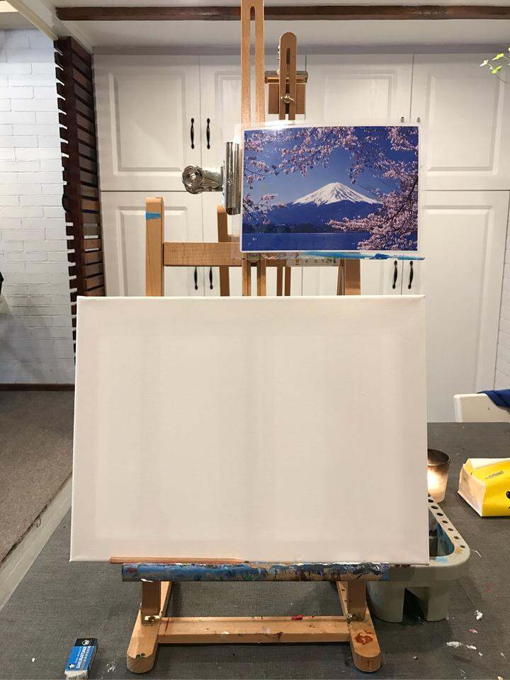 黄蓝白|富士山樱花油画