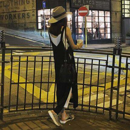 2016夏季新款女装韩版假两件长款黑色开叉背