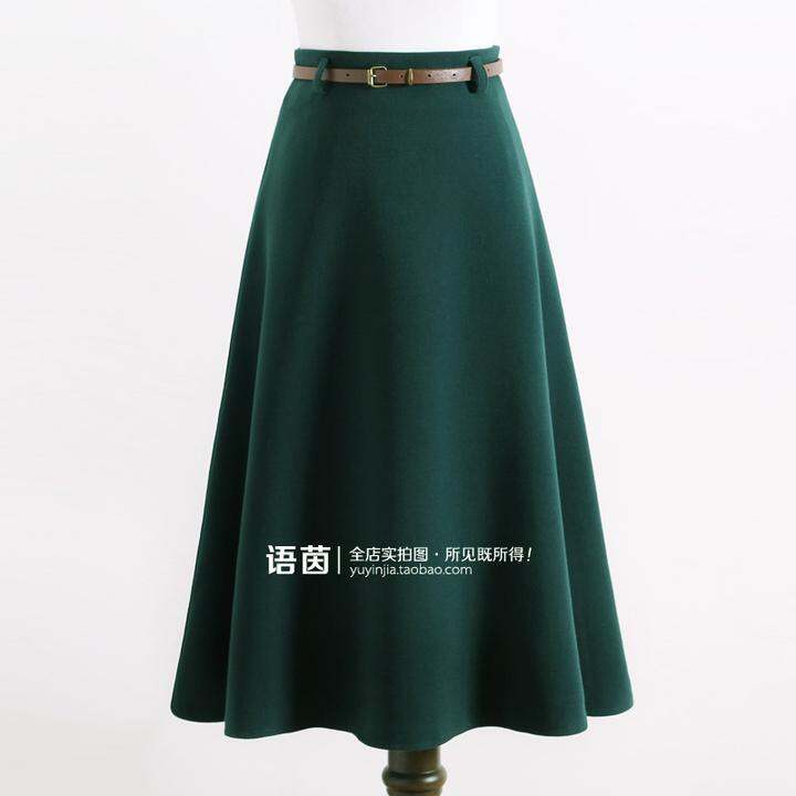 秋冬新款墨绿色半身裙 韩版高腰中长款大摆裙