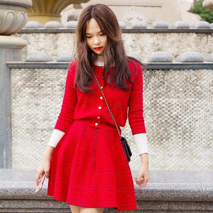 2016冬新款名媛小香风七分袖红色套装裙针织