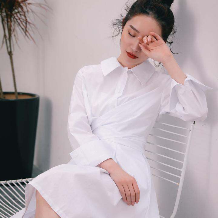 LiON&CAT新款衬衫白色连衣裙夏中长款系带