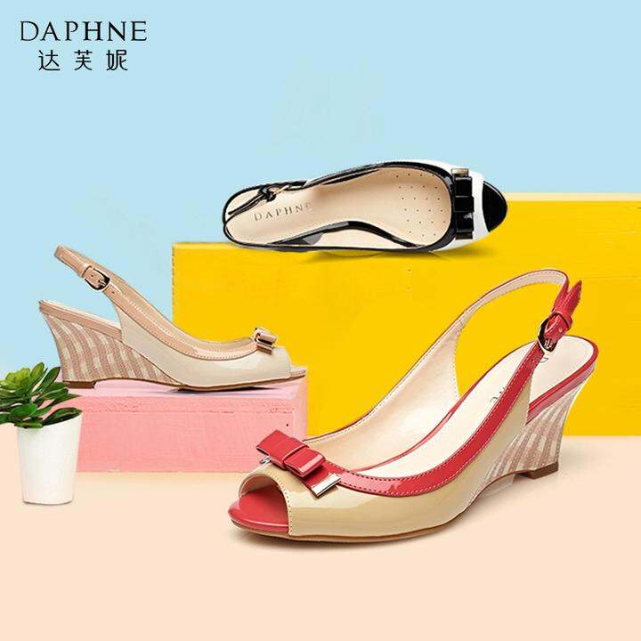 daphne/达芙妮女鞋清仓夏季坡跟鞋蝴蝶结漆皮鱼嘴女凉鞋高跟鞋