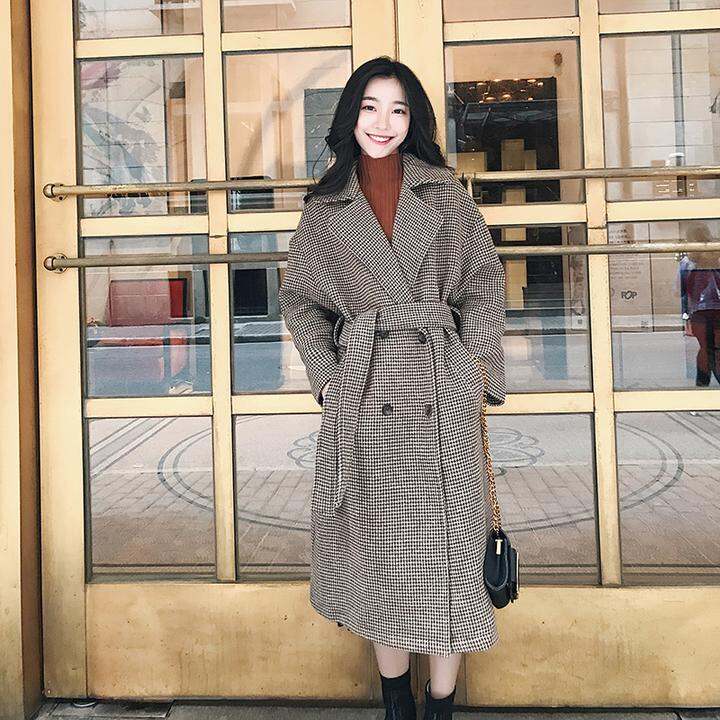 2017冬季韩版格子毛呢外套女中长款双排扣系
