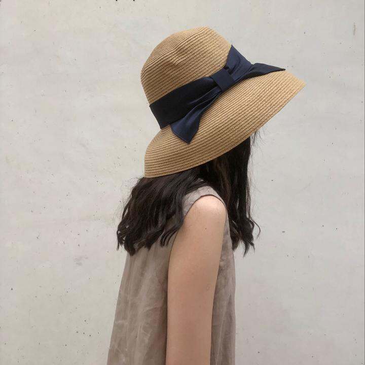 好帽型慵懒复古优雅气质赫本风锻面蝴蝶结大檐帽法式草帽遮阳帽夏