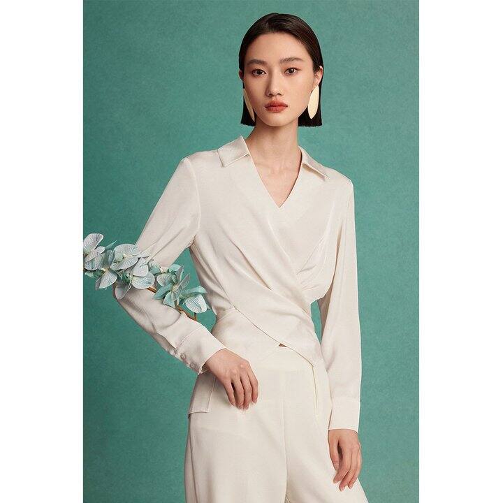 曼德诗V领纯色雪纺衫