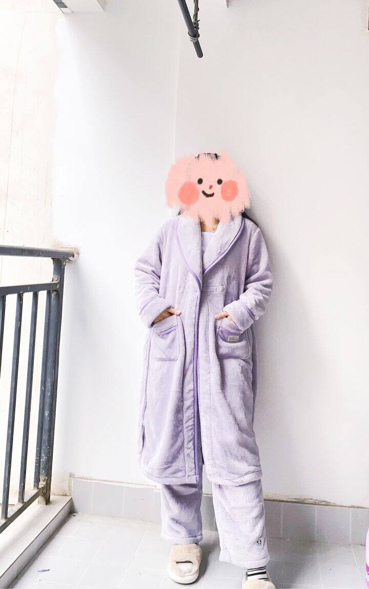 【红豆睡衣晒单】淡紫色珊瑚绒长款睡袍