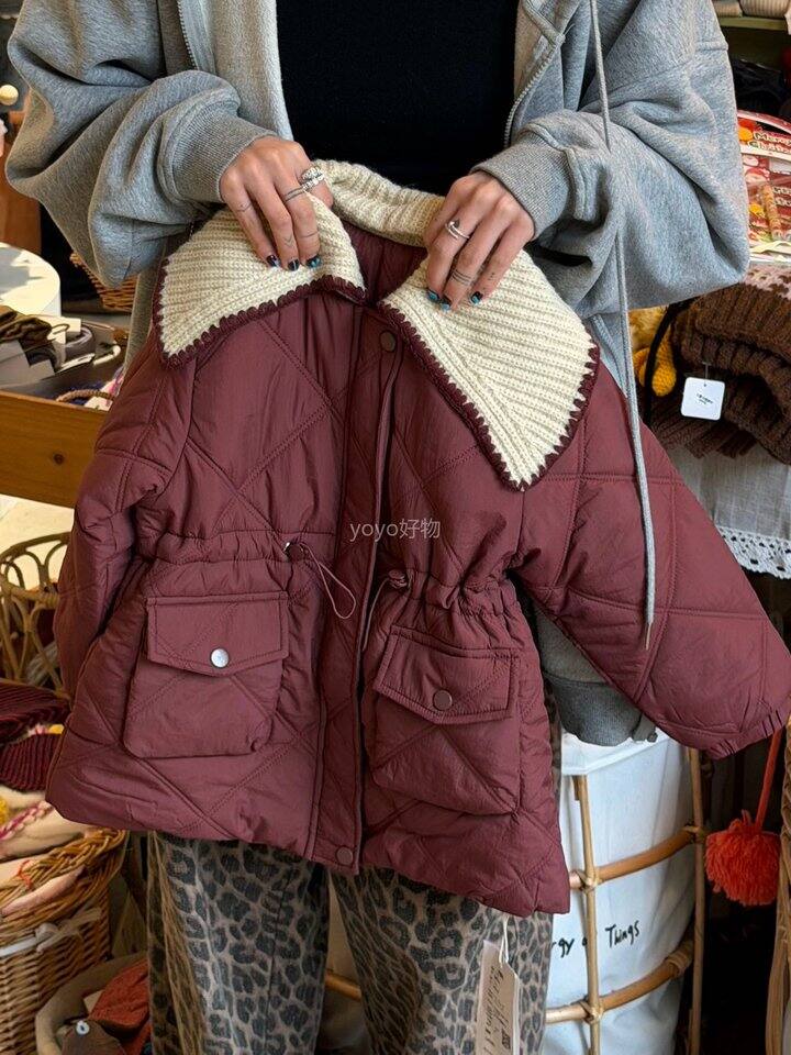 儿童酒红菱格棉服！💰59.9