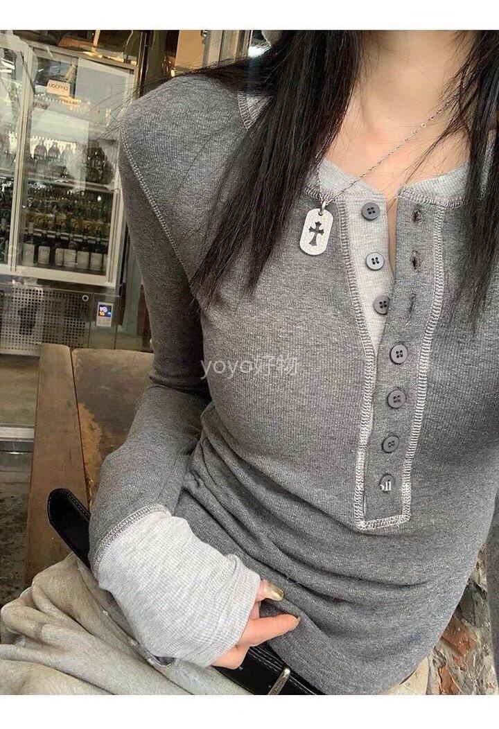 加绒螺纹弹力纽扣亨利衫t恤上衣！💰79