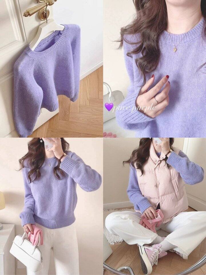 丁香紫软糯圆领羊毛针织衫！💰99