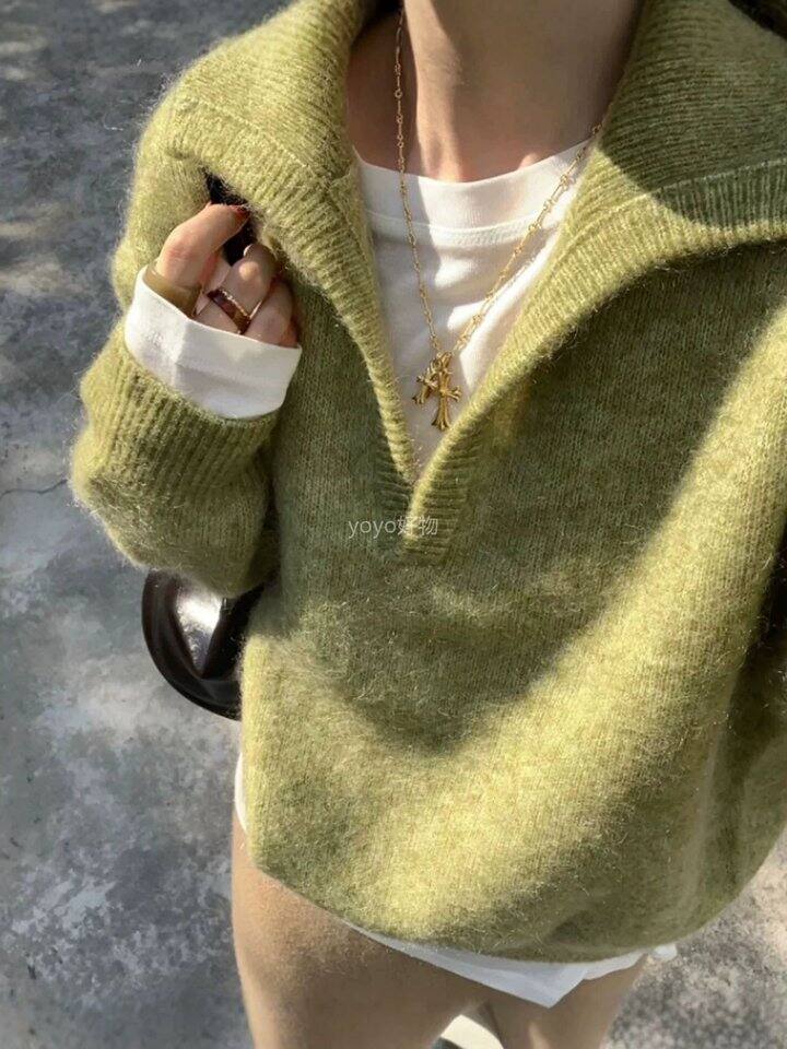 韩系慵懒风大翻领V领毛衣！💰89