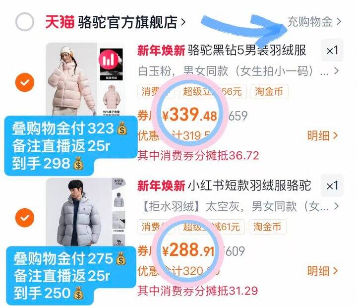 骆驼黑钻5➕小太阳羽绒服