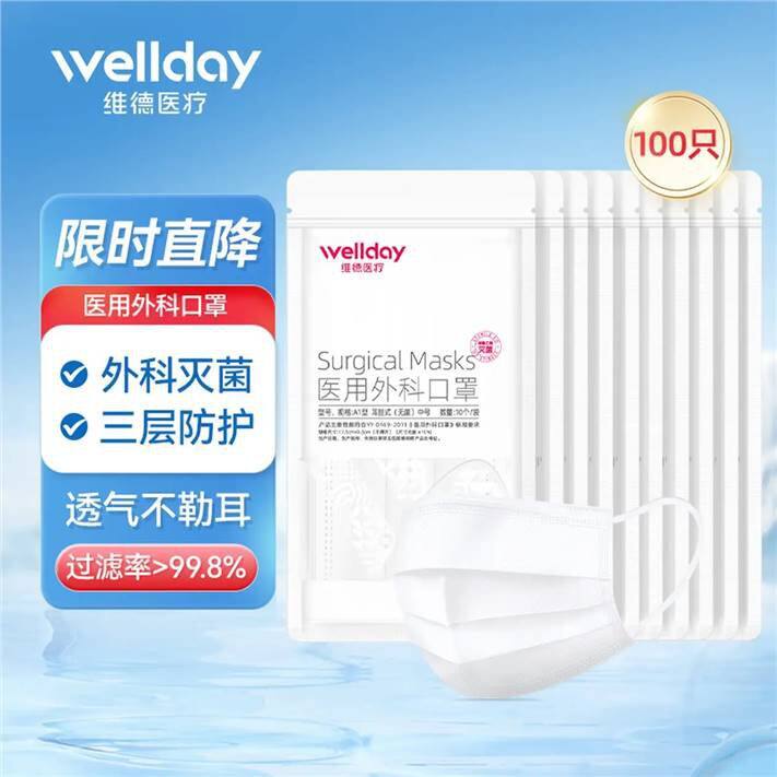 0.14/只❗️维德 一次性白色医用外科灭菌口罩