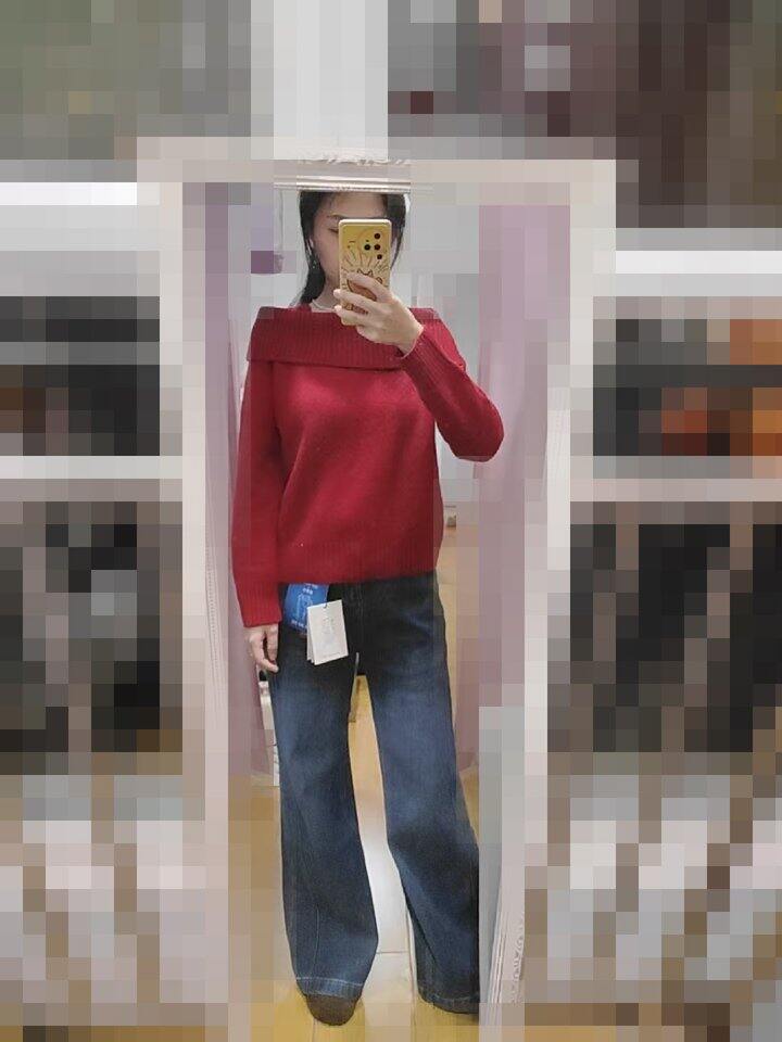 红白一字肩毛衣晒单