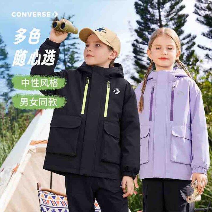Converse匡威童装男童风衣2026春季出游上衣外套防泼水纯色户外休闲夹克 正黑色 150 /72