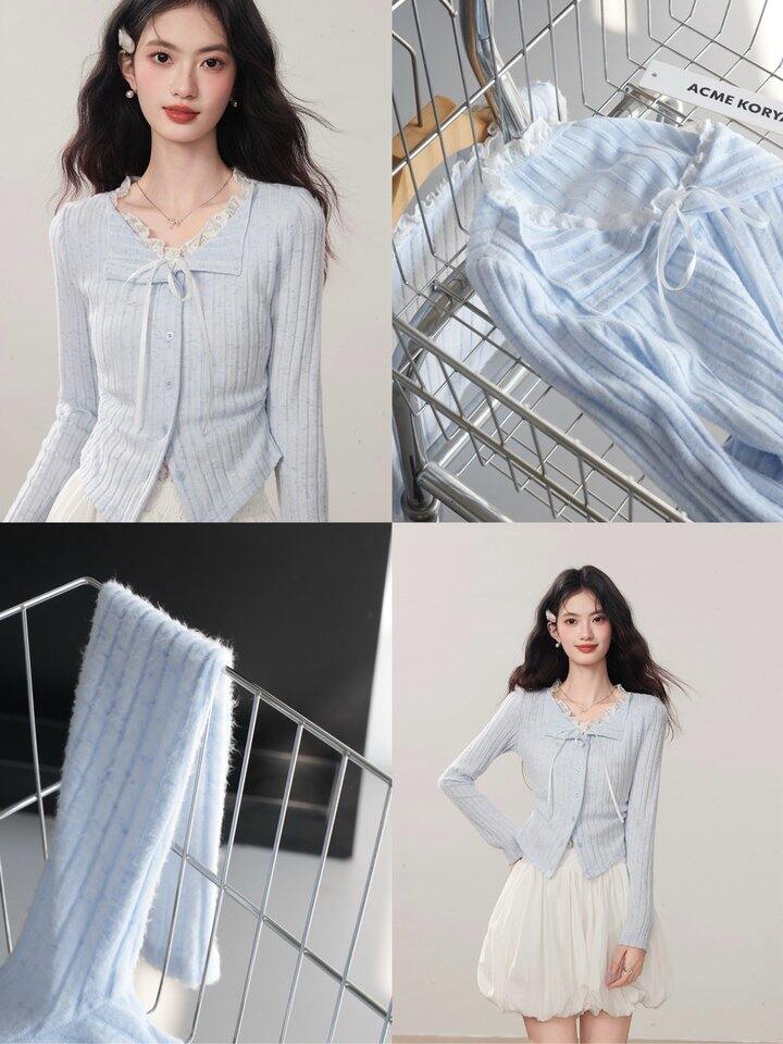 奶蓝色蕾丝拼接打底衫套装！💰59起