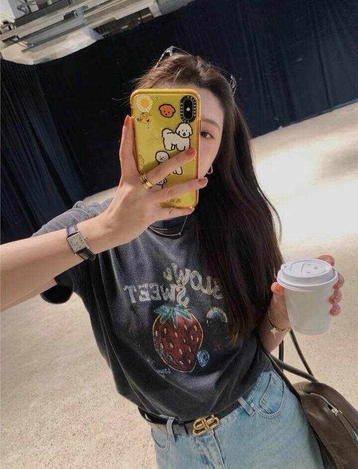 做旧复古草莓印花宽松T恤！💰89