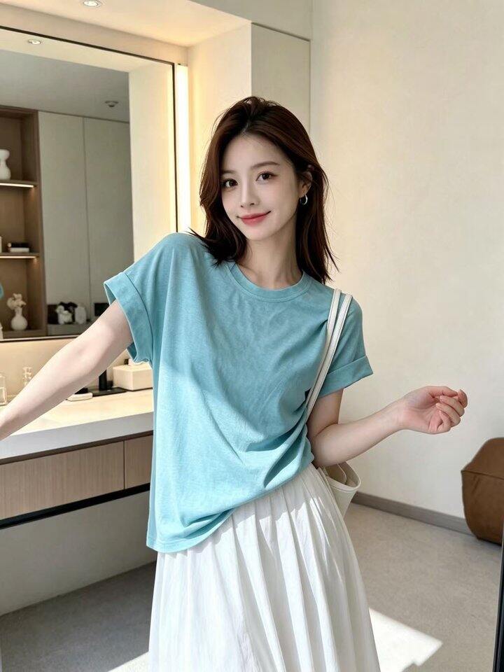 🦋小清新湖蓝卷边T恤！💰49