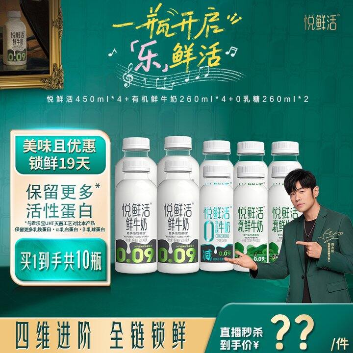 冲‼️悦鲜活鲜牛奶450ml*4+260ml*6💰53.1，超市一瓶小的13.9