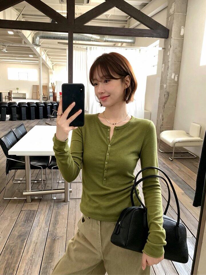 绿色排扣亚麻T！💰69