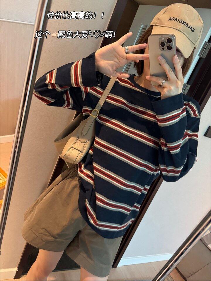 miu细条纹竹节棉长袖t！💰59