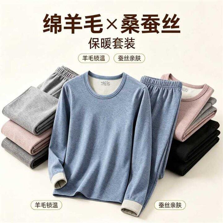 宜而爽 男女绵羊毛桑蚕丝保暖套装