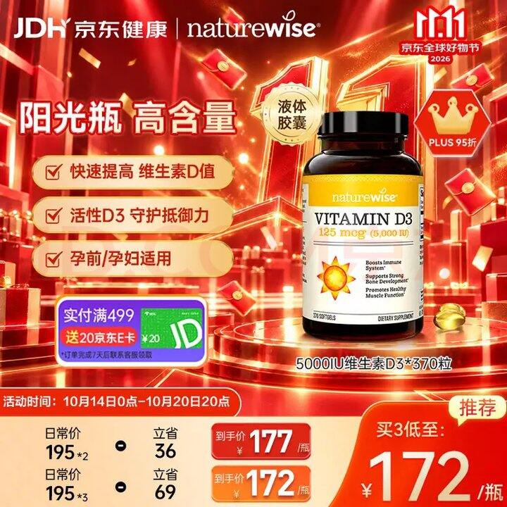 大名鼎鼎阳光瓶！Nature wise维生素D3💥0.3/粒！