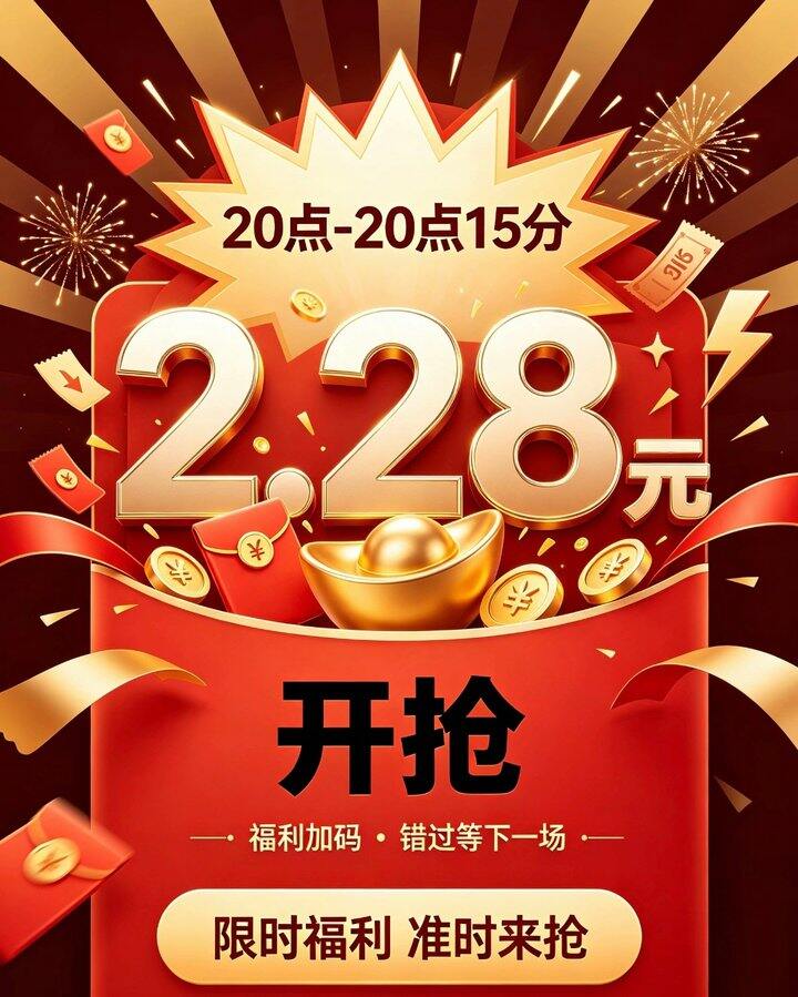 20点-20点15分钟！！！抢2.28元🧧限时不限量
